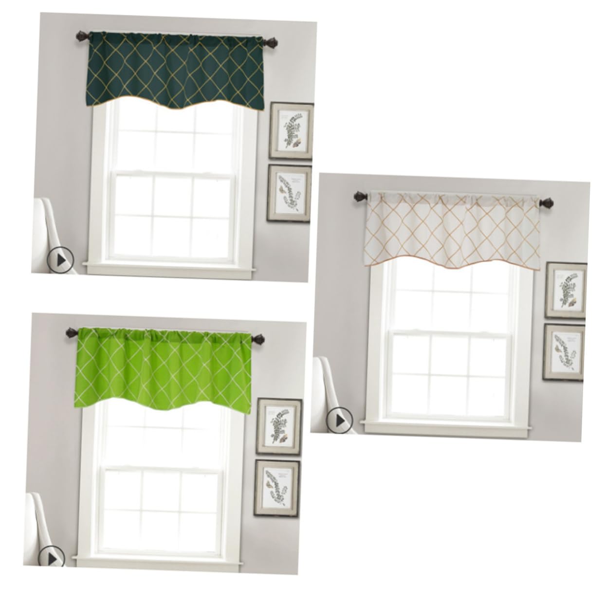Cortinas cortas geométricas que dan privacidad a tu cocina luciendo un bordado elegante