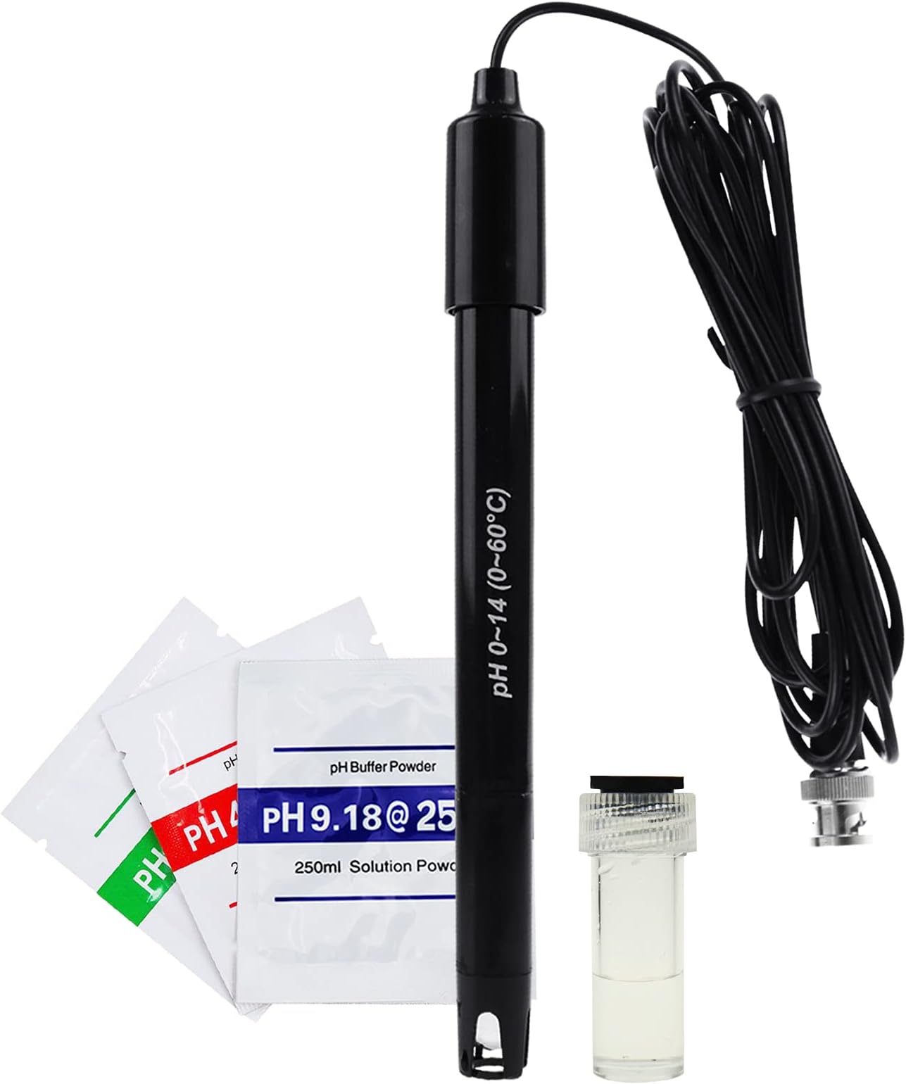 300 cm Long Cable Electrode Replaceable pH Probe (0-14 pH), BNC Connector with 3 Packets of Calibration Powder