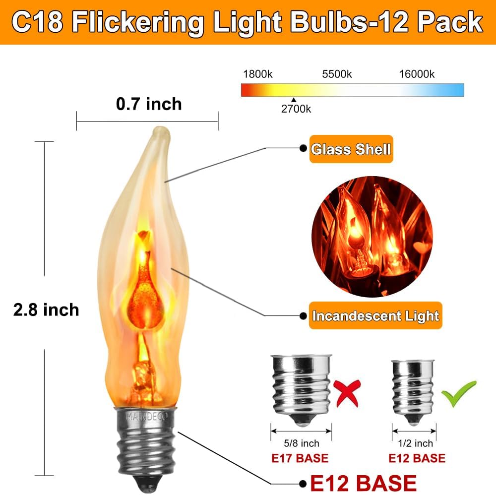 Couah Christmas Flickering Light Bulbs 12 Pack C18 Flicker Flame Light Bulbs E12 Base Flickering Flame Bulbs 1 Watt/120 Volts for Candelabra Window Candle Lamp Christmas Replacement Bulbs