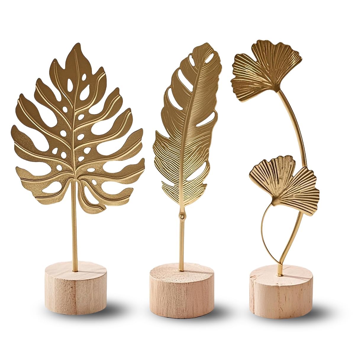 3 Piezas Esculturas Decorativas Doradas – Hojas de Ginkgo, Monstera y Pluma en con Base de Madera, Decorativas Modernas para Decoración Hogar Salón, Dormitorio o Escritorio, Home Decor Original
