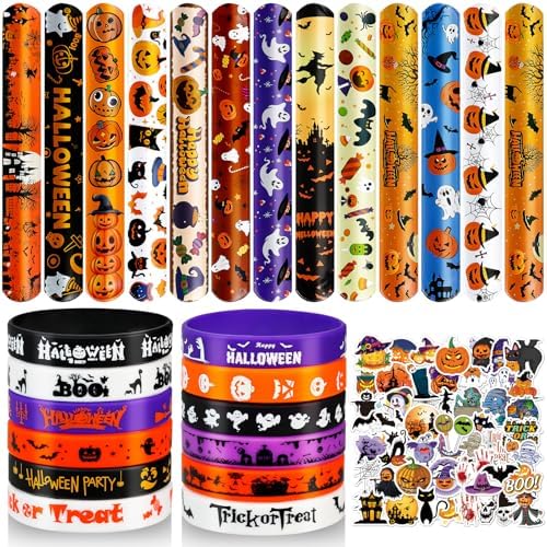 LUYI 98 PCS Halloween Slap Bracelets Rubber Wristbands and Stickers Set Halloween Toys for Halloween Party Favors Supplies Decorations Treat Bags Gifts Goodie Bags Filler
