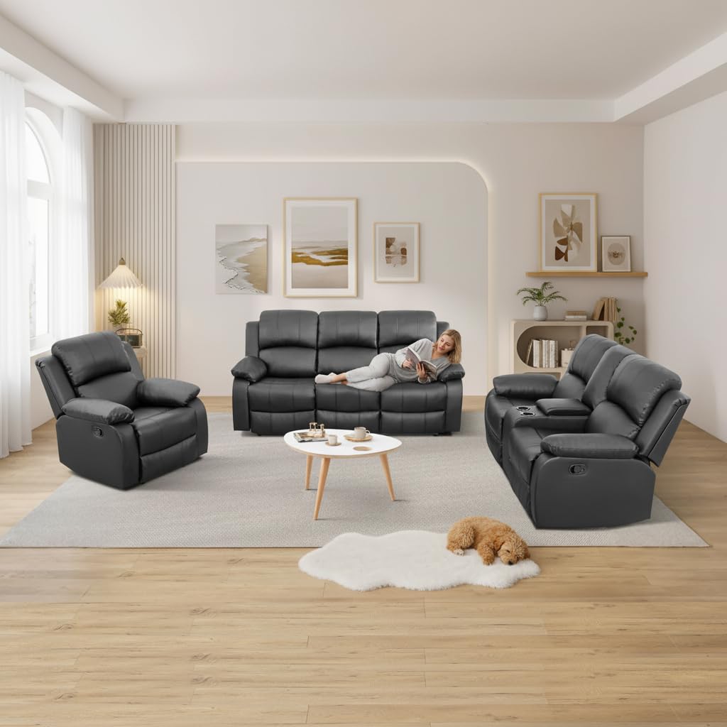 Bonded Leather Living Room Furniture Set, 3 Pieces Recliner Sofa Set with Cup Holders&Storage Console, Manual Reclining Leather Couches for Living Room (Black, Sofa+Loveseat+Chair)