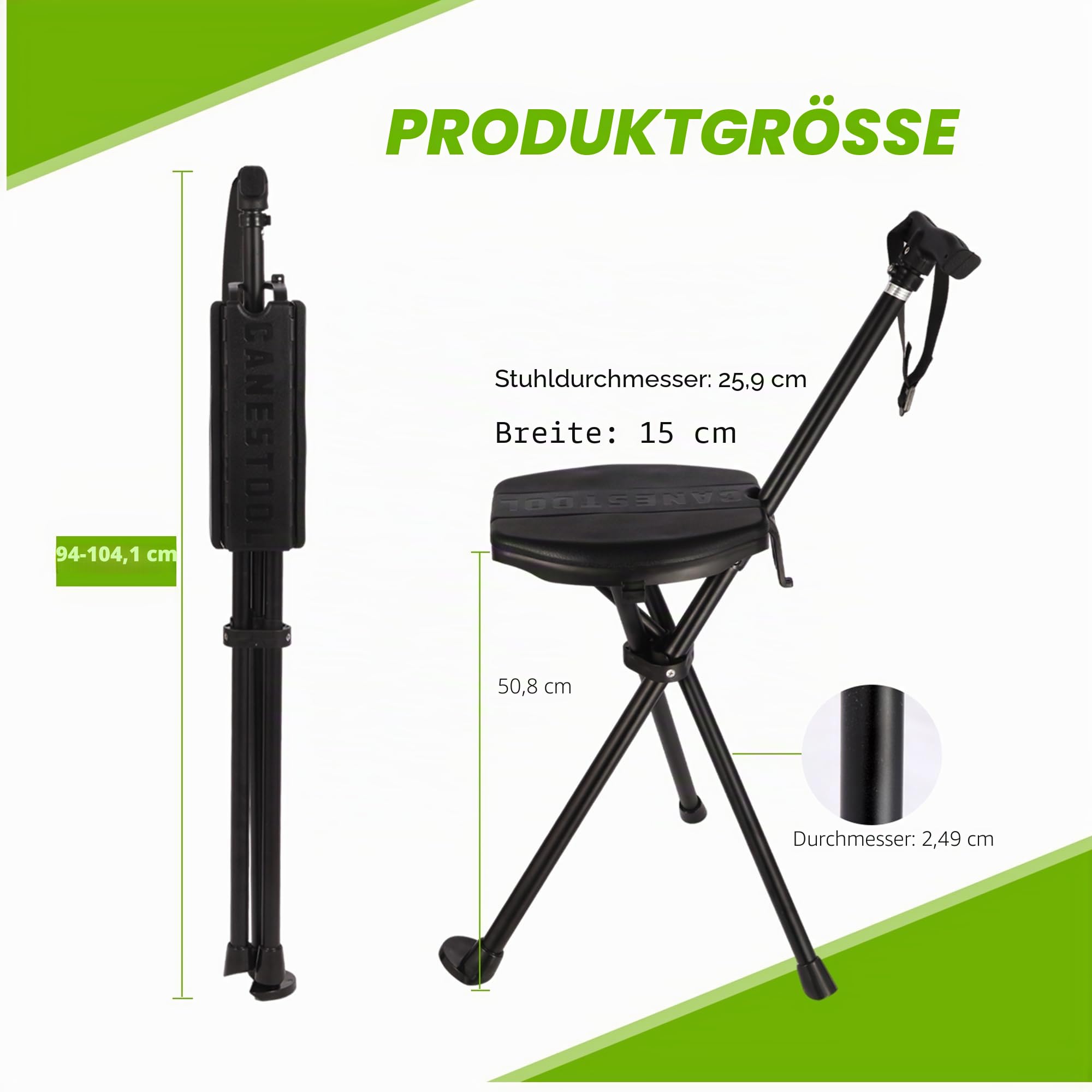 Tragbarer Gehstock mit Sitz, verstellbarer Gehstock mit Sitz, faltbar, leicht, Aluminium, rutschfest, für Erwachsene, 250 kg, Gehstock, Stuhl für Reisen, Wandern, mit Tragetasche