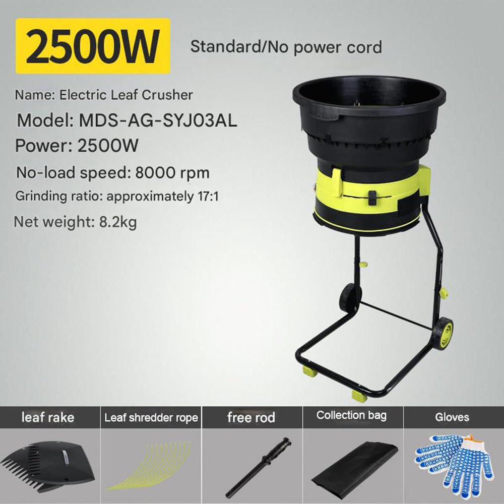 Trituradora De Madera Eléctrica para Facilitar La Limpieza del Jardín, Trituradora De Hojas Eléctrica Sin Cuchillas De 2500 W con Ruedas, 8000 RPM Compost para Hojas Nopowercord