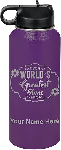 Miniatura 40 de LaserGram Botella de agua personalizada, la tía más grande del mundo, acero inoxidable de doble pared aislada al vacío con popote superior, regalo