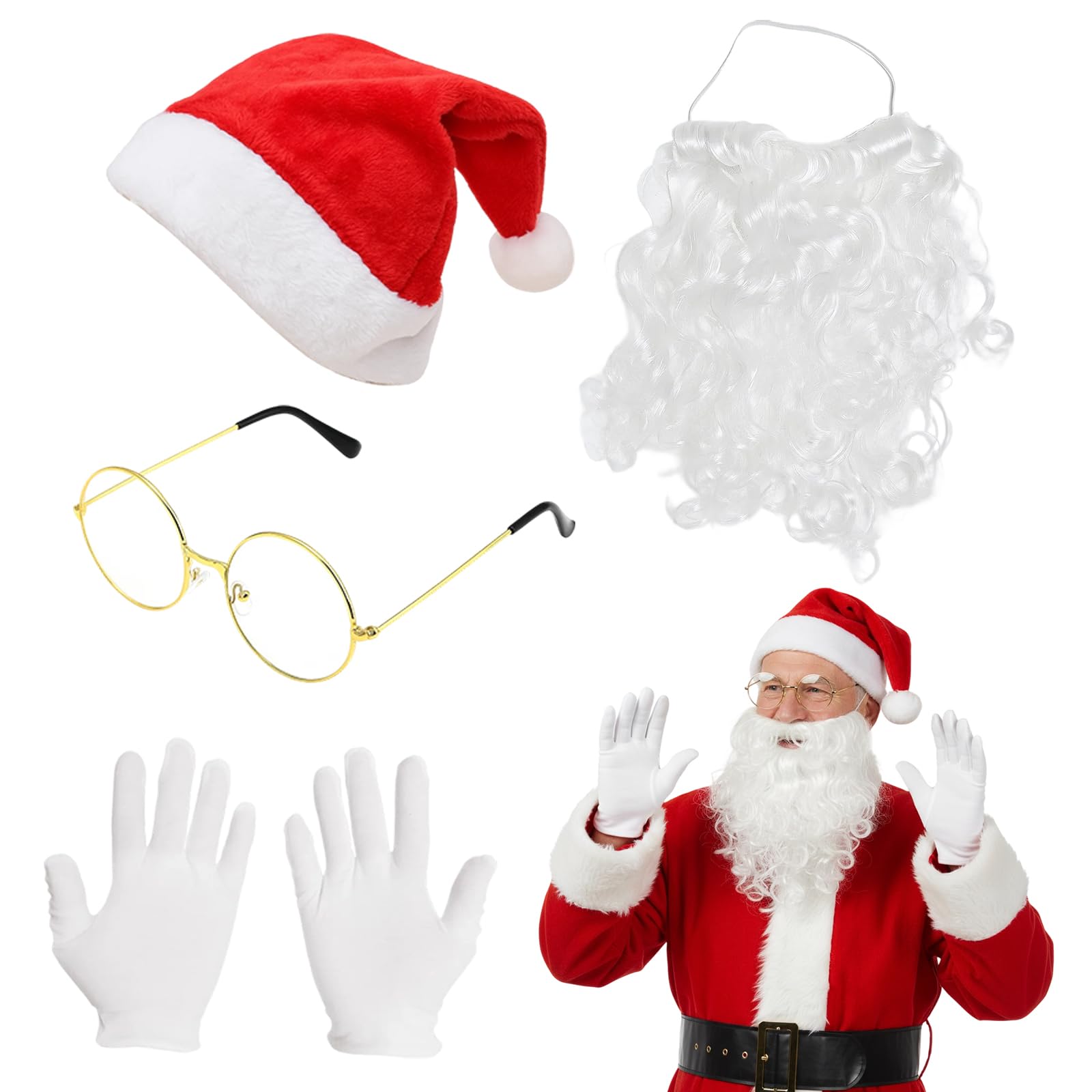 EujRcf 4 Piece Santa Set, Santa Beard with Santa Hat, Gloves and Glasses, Santa Claus Costume Accessories for Holiday Parties Christmas Cosplay Party