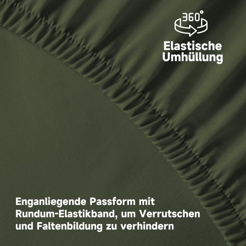 Gezu Baumwollesatin Spannbettlaken 180x200cm Mako Satin Grün Olivgrün | Weich Hypoallergen Thermoregulierend Spannbetttuch Bettlaken 180x200cm Spannbettlaken Baumwolle Sommer für bis 30cm Matraze