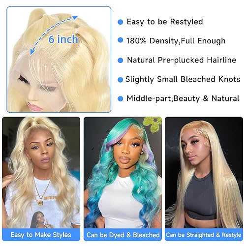 Miniatura 5 de Avolo Peluca de cabello humano 613 con encaje frontal transparente de 13 x 6 pulgadas, pelucas de cabello humano prearrancado con encaje frontal HD