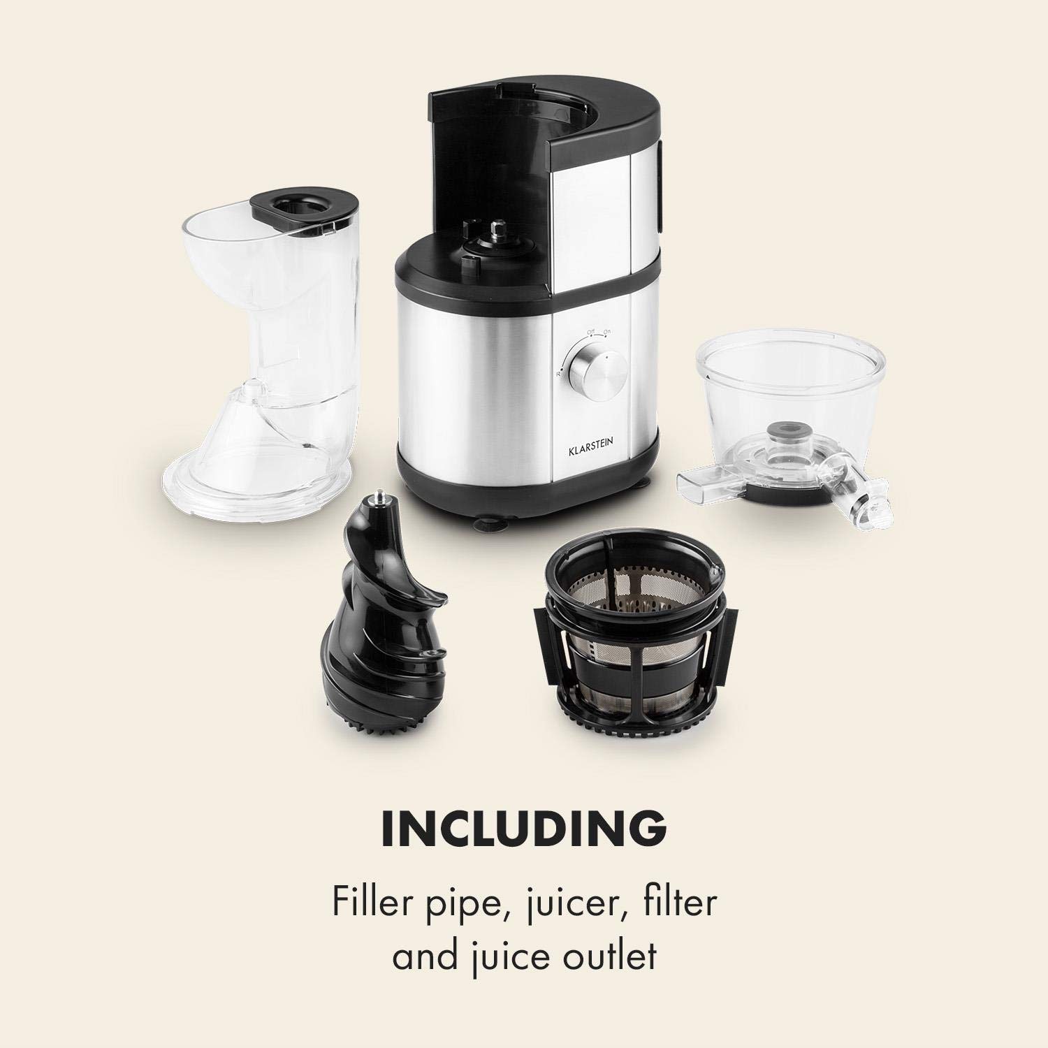 Klarstein Fruitberry - Centrifugeuse, Presse-fruits vertical, Grande ouverture de remplissage, Micro filtre en acier inoxydable, Slow Juicer, 400 W, 60 tours/min, sans BPA, Crème