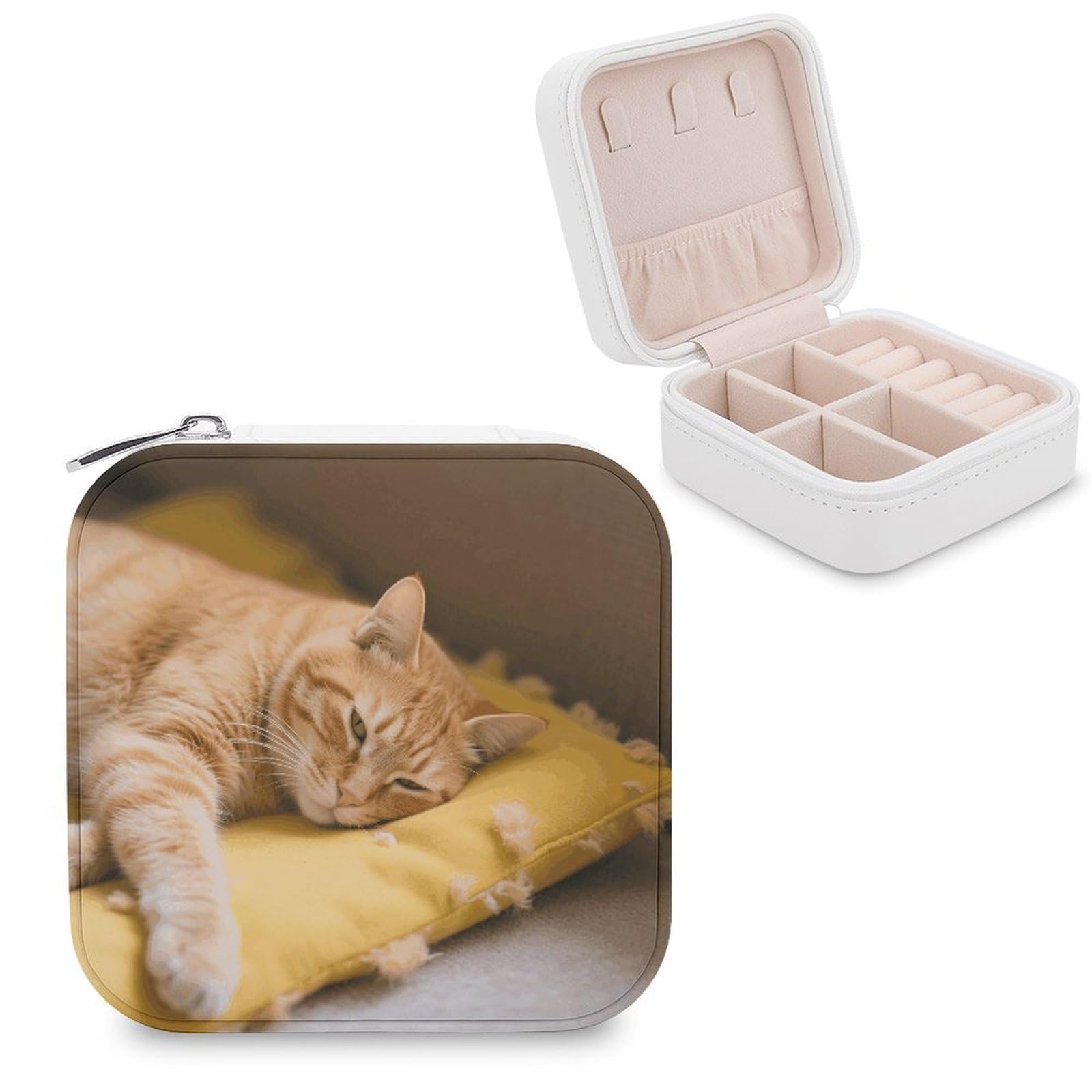 VstaDank Cozy Cat Jewelry Box for Women Jewelry Organizer Storage Case with Zipper Mini Travel Jewelry Case Cute Trinket Organizer Leather Portable Jewelry Storage Box