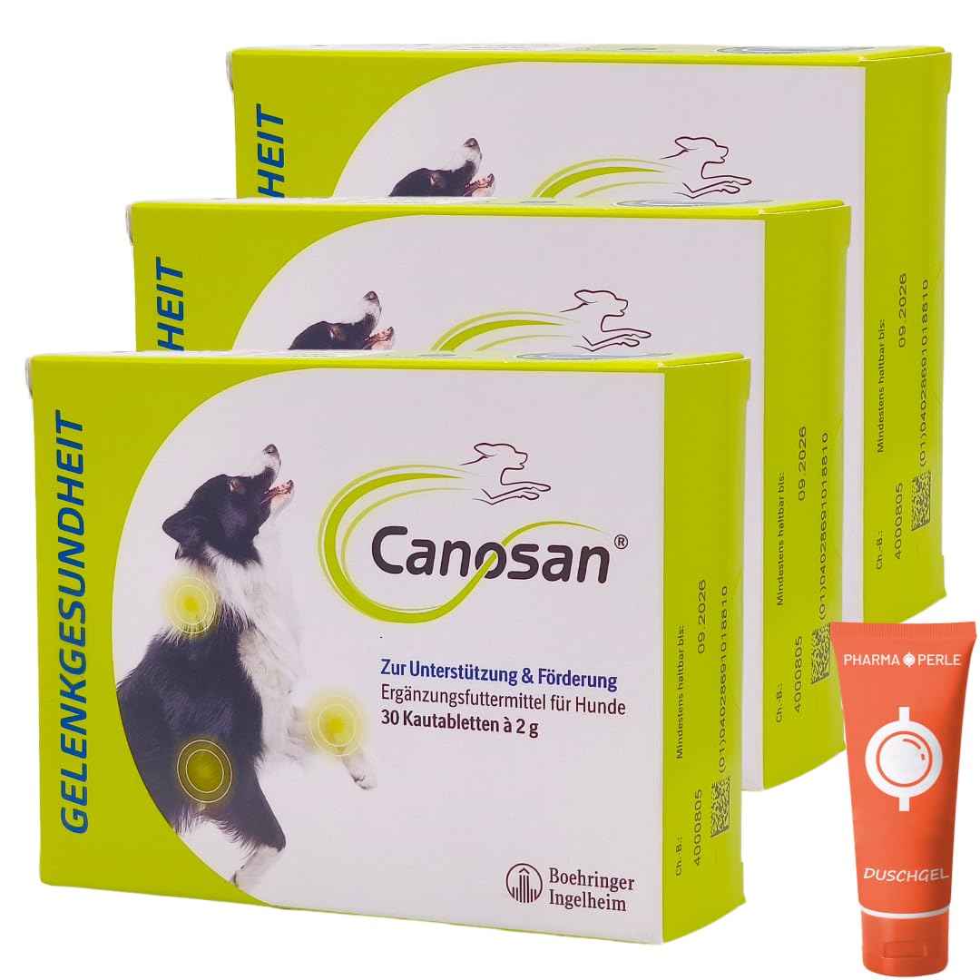 Canosan 3X 30 Kautabletten, Ergänzungsfuttermittel für Hunde I Gelenknahrung mit Gonex zur Unterstützung von Knorpeln, Sehnen und Bändern I Gelenkgesundheit I Spar-Set Plus Pharma Perle give-Away