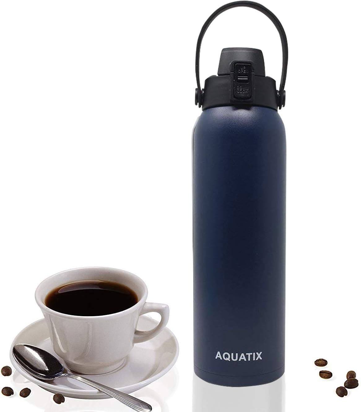 Aquatix Flip Top Double Wall Insulated Stainless Steel Sports Water Bottle (Midnight Blue, 32 Ounce) Image