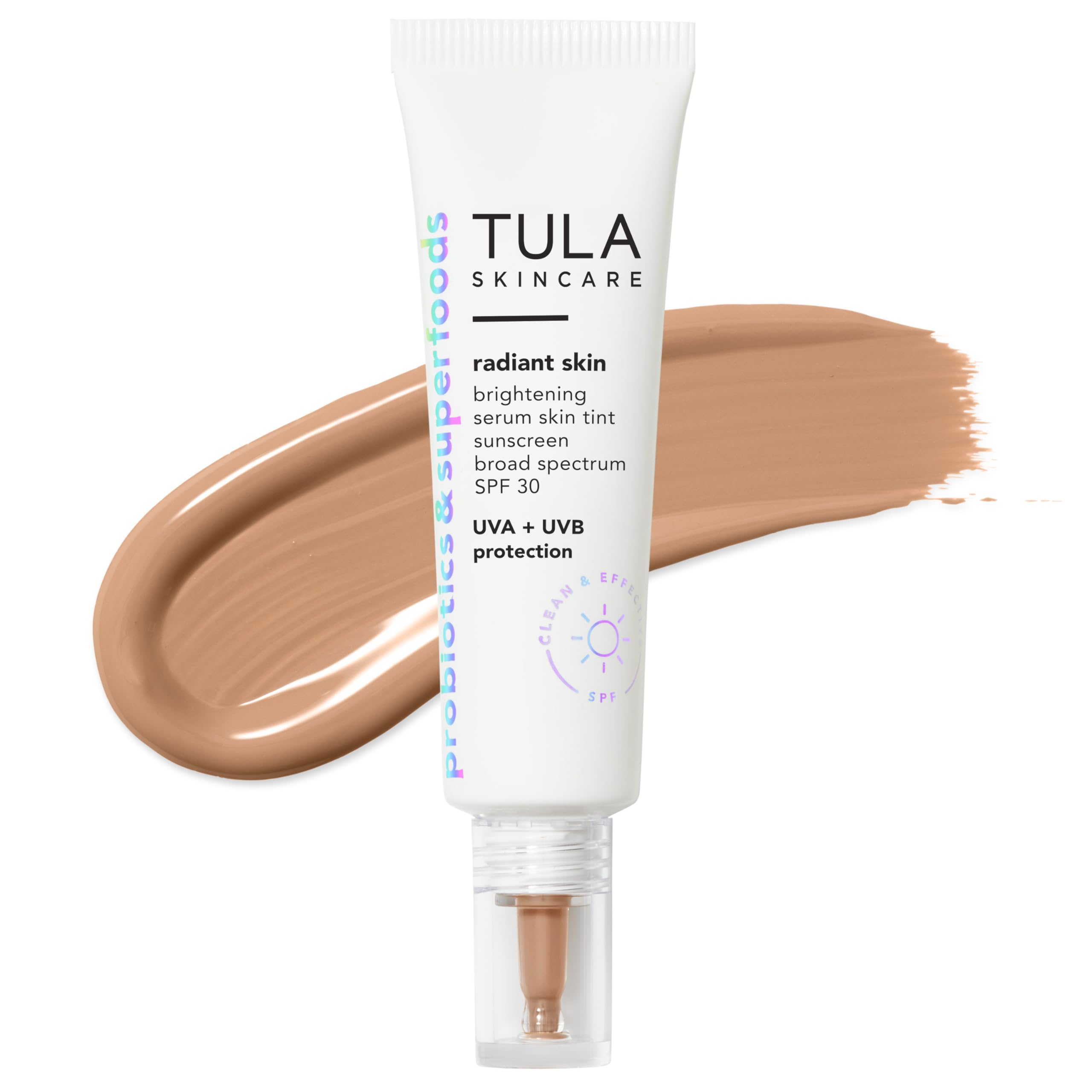 TULA Skin Care Radiant Brightening Serum Tint SPF | Facial Sunscreen Provides Broad Spectrum 30 Protection, Tinted, Serum-Light Formula Brightens and Evens Shade 12, 1.0 fl. oz., fluid_ounces