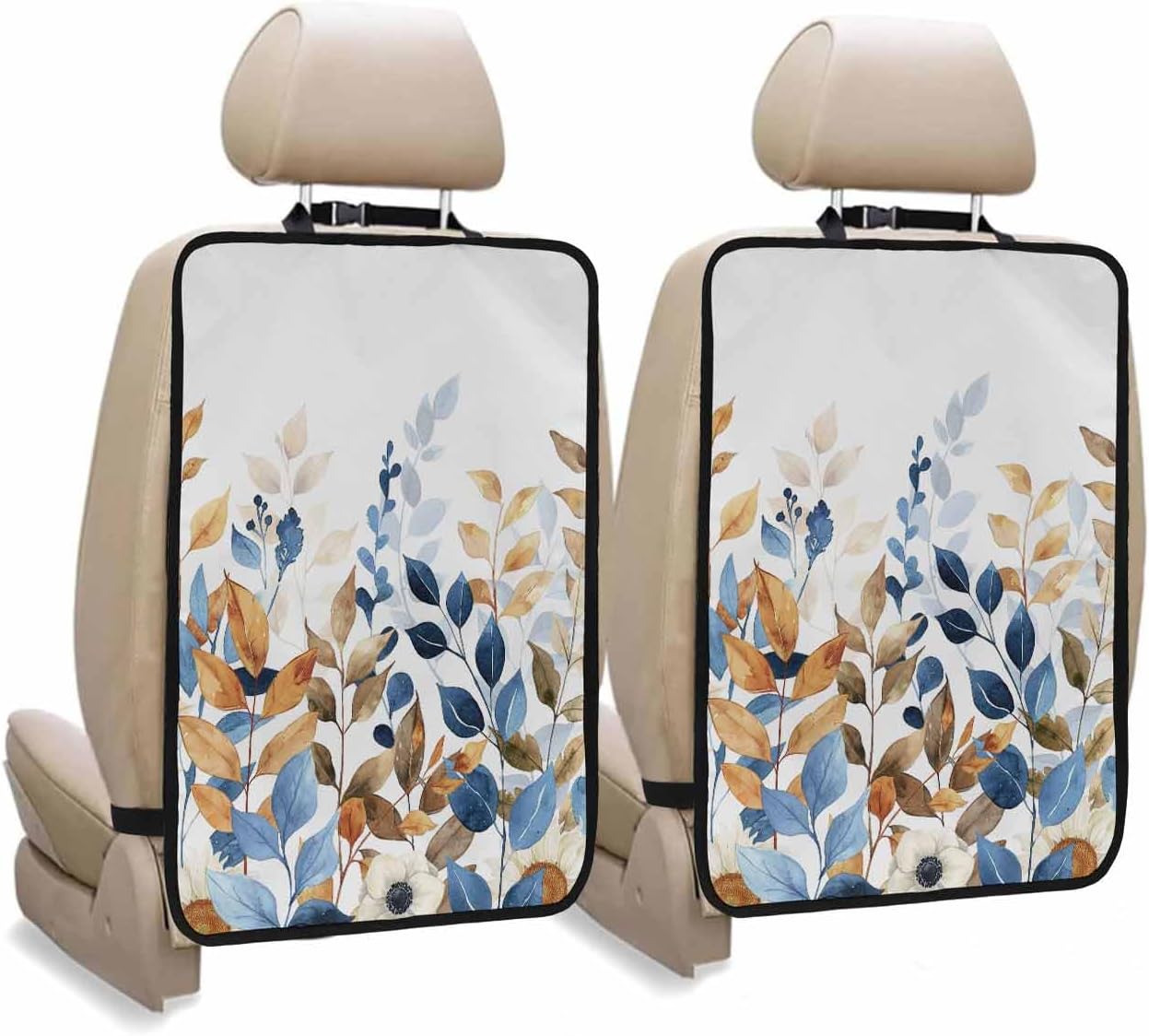 Car Seat Protector, 2 Pack Kick Mats Back Seat Protector Fall Eucalyptus Leaf Blue and Burnt Orange Leaves Sunflower Waterproof Backseat Cover for Kids Universal Fit Automotive Interior Protectors