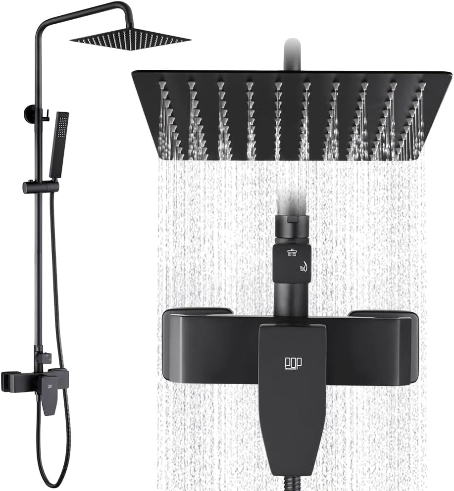 POP SANITARYWARE Matte Black Outdoor Shower System | Solid Brass Valve & Stainless Steel Rainfall & Handheld Combo
