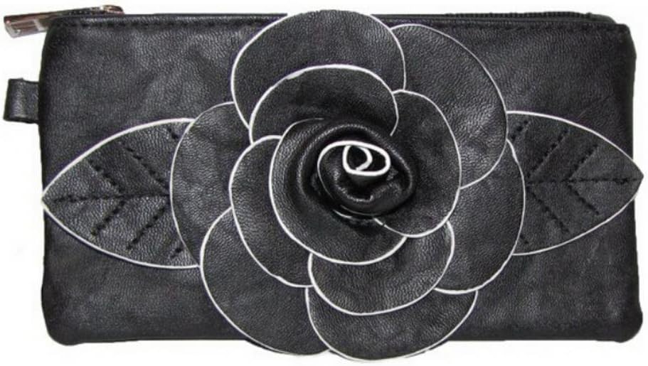 The compact purse is decorated with a single large flower