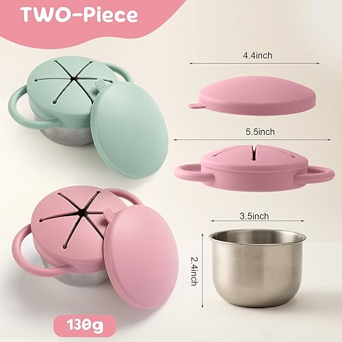 Miniatura 5 de Paquete de 2 recipientes de aperitivos para niños pequeños, vasos de aperitivos de acero inoxidable con atrapador de alimentos y tapas de silicona,