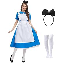 Women Blue Princess Dress Adult Halloween Costume with bow headband and stockings Fairytale Party Costume