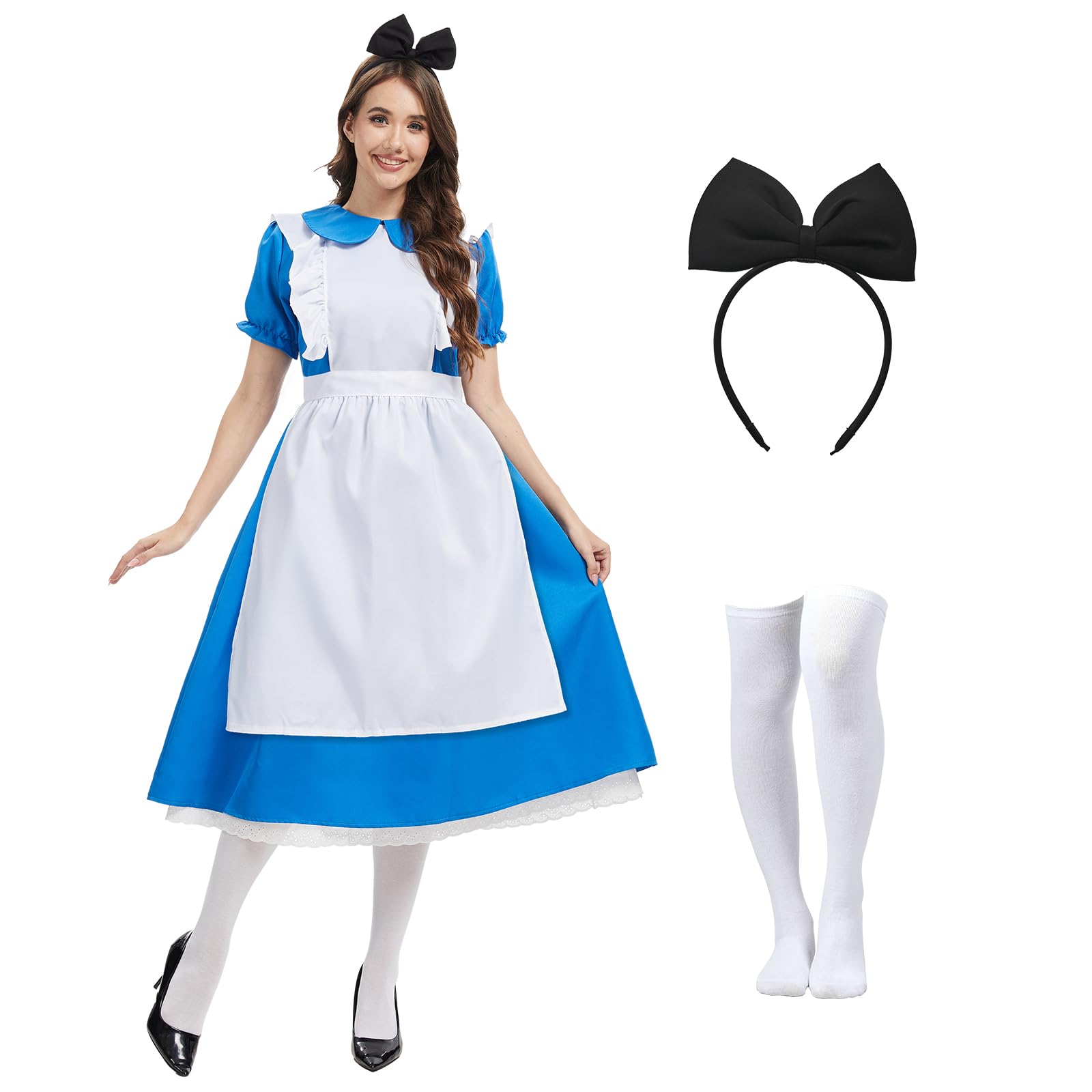AKFJDLAD Halloween Adult Costume for Women - Princess Fancy Dress Cosplay Costume White with White Apron Socks Hairband (L)