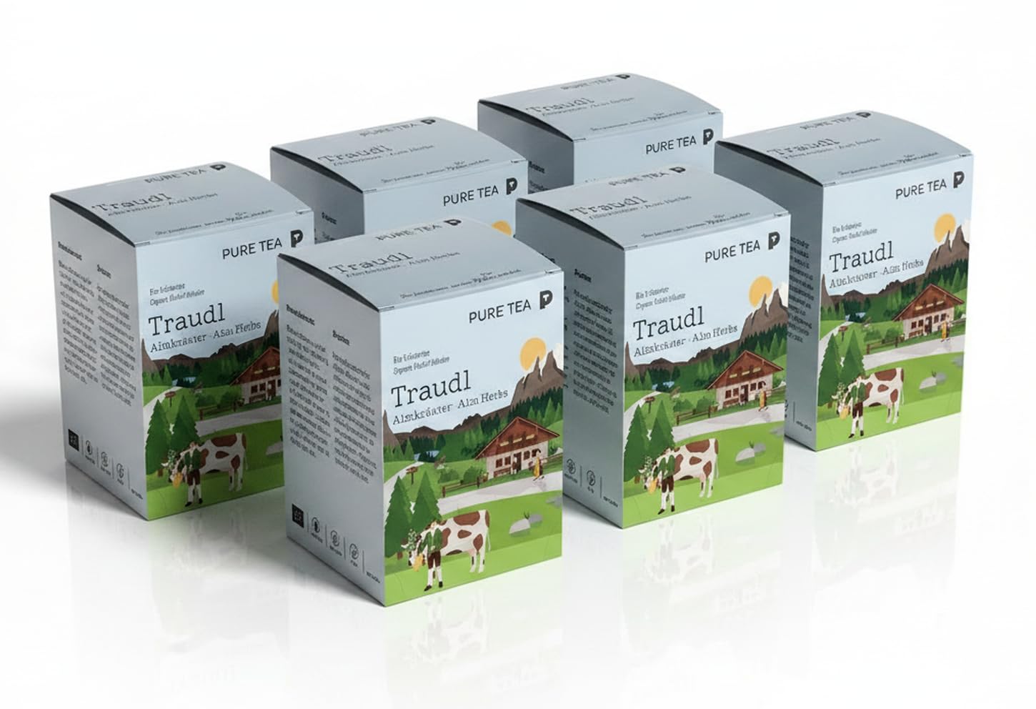 6 x PURE TEA Traudl Premium Kräutertee Almkräuter, koffeinfreier Alpenkräuter Tee als Kräutermischung mit Spitzwegerich, Apfelminze & Melisse, einzeln verpackte Kissenbeutel in Dispenserbox