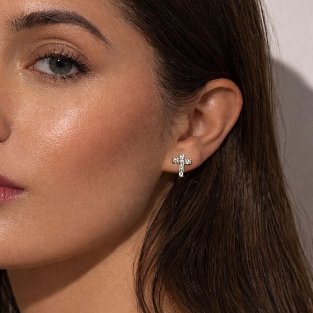 SWEET PEEPS 18K Gold Plated CZ Cross Stud Earrings for Women, Dainty Cubic Zirconia Cross Earrings, Minimalist Faith Jewelry for Everyday Wear