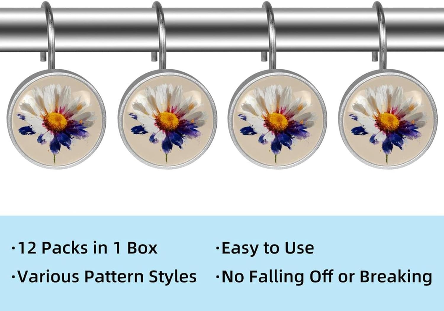 Set of 12 Floral Daisy (2) Shower Curtain Hooks, Stainless Steel Shower Hangers for Bathroom, Rustproof Decorative Shower Rings for Bedroom Living Room Shower Curtain Rod
