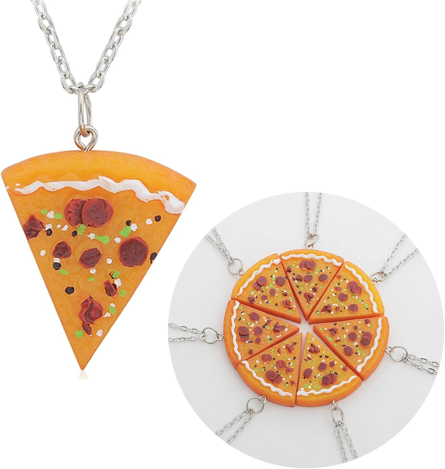7 Pieces Chic Pizza Pendant Necklace/Keychain Realistic Pizza Resin Necklace/Keychain Set Unique Food inspired, as the picture shows, Resin alloy - Image 2