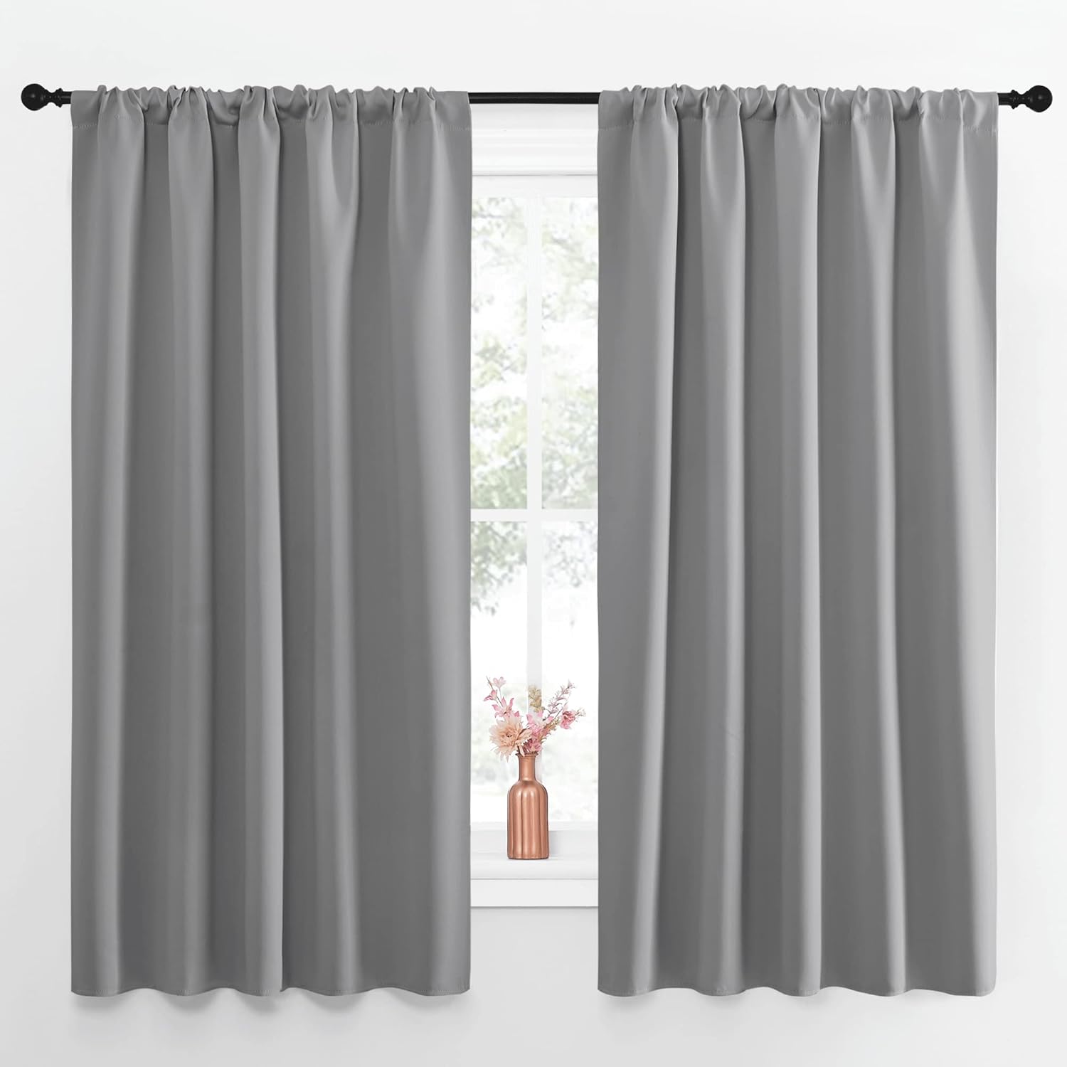 NICETOWN 1 Panel 46" x 63" Tie up Curtain with 2 Panles 52" x 63" Rod Pocket Blackout Curtains for Living Room Thermal Insulated Window Shade for Bedroom, Silver Grey