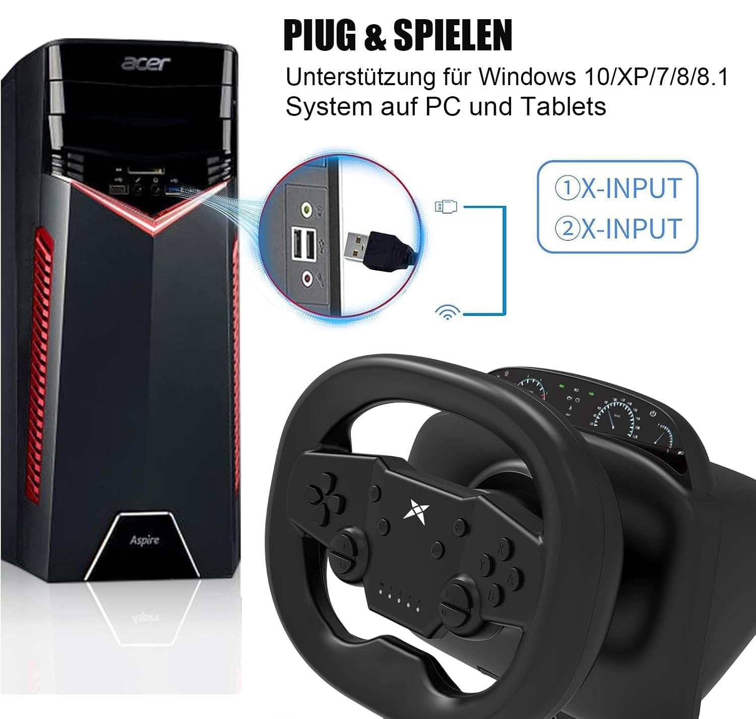 NBCP Gaming Lenkrad mit Pedalen,270 Grad PC Rennrad mit Dual-Vibration-Motoren,Drahtlose Bluetooth-Verbindung Lenkrad für P-4, PC, Switch, P-3, IOS, Android Rennspiele