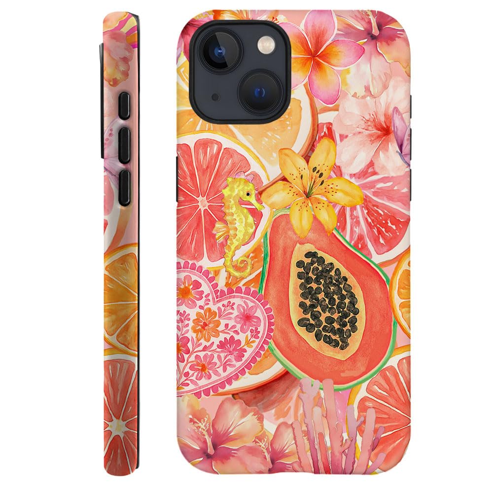 Case Compatible with iPhone 15,Hybrid 2-Layer Hard Shell,Shockproof Soft for Girl Women,Fruit Watercolor Pink Flower