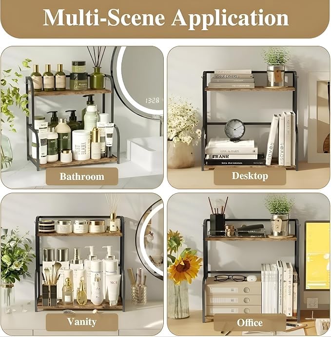 Image of Spice Rack Organizer for Kitchen Countertop, Metal Kitchen Storage Shelf with Wooden Shelves, Pantry Cabinet Organizer for Spice Jars, Oil Bottles, Seasonings, Condiments (Black, 2-Tier)