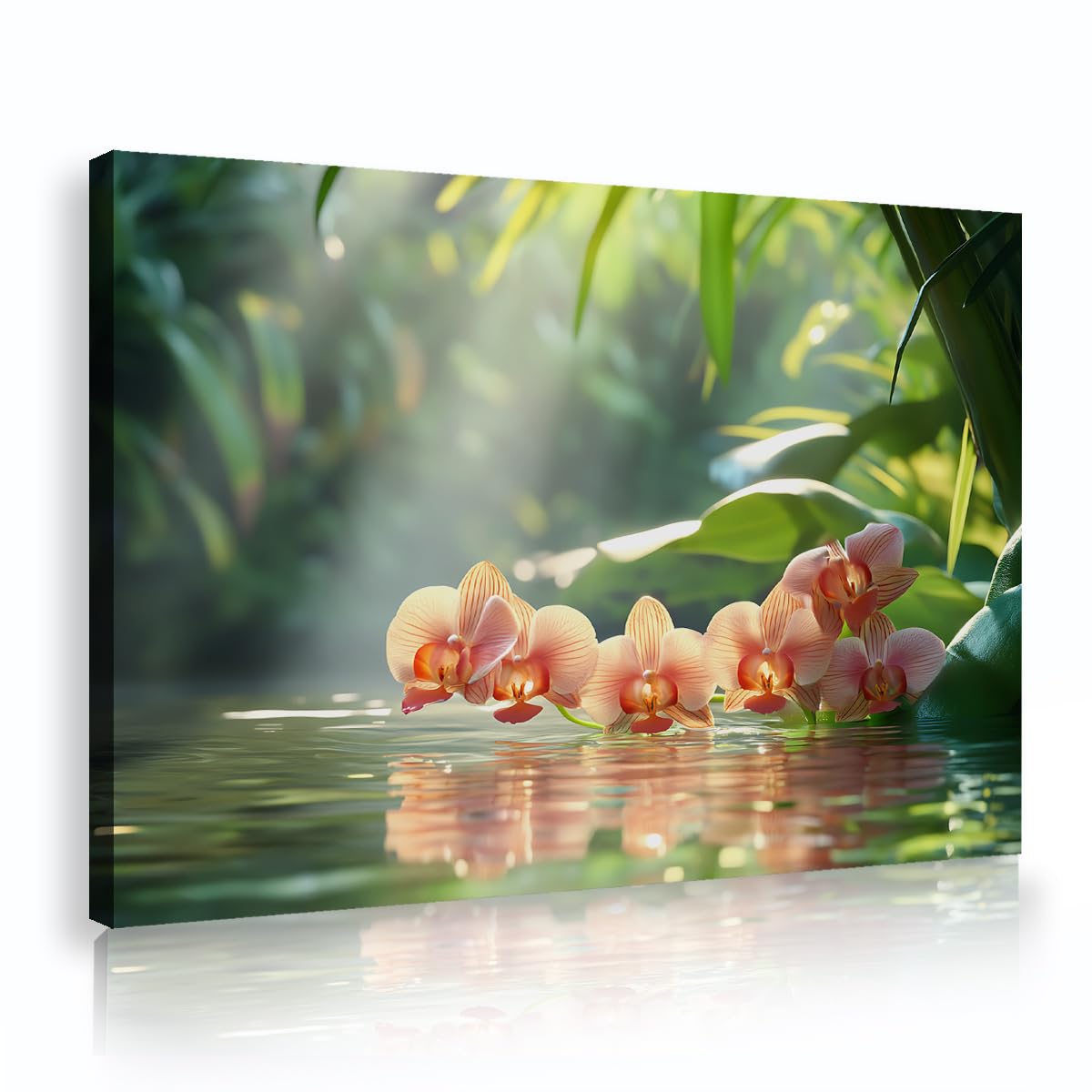 Via Vela Botanical Landscape Art, Framed Canvas Wall Art, Pink Orchids Reflection Artwork, Relaxing Massage Meditation Decor, Spa Bathroom Pictures 70x105cm