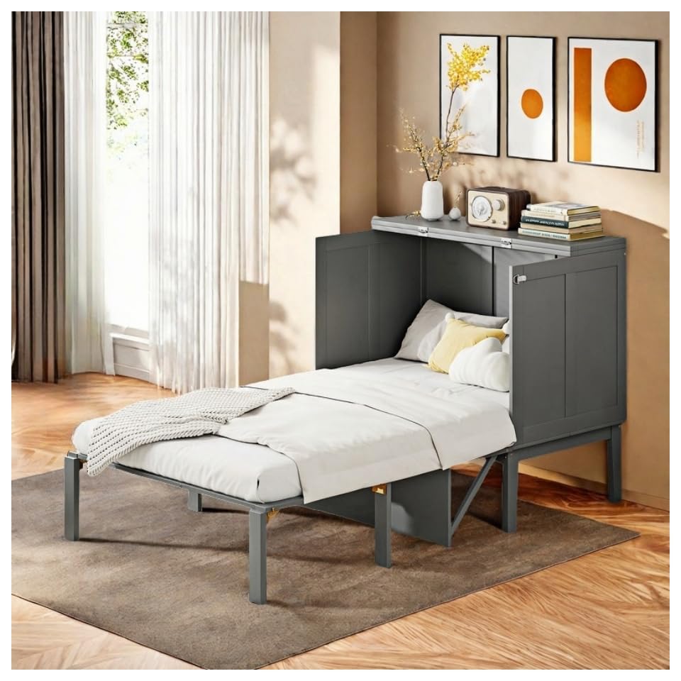 Wyibwy Letto armadio 90 * 200cm, letto a parete con rete a doghe, letto pieghevole, letto armadio verticale con rete a doghe, letto bambini, letto singolo, mobili salvaspazio, Grigio