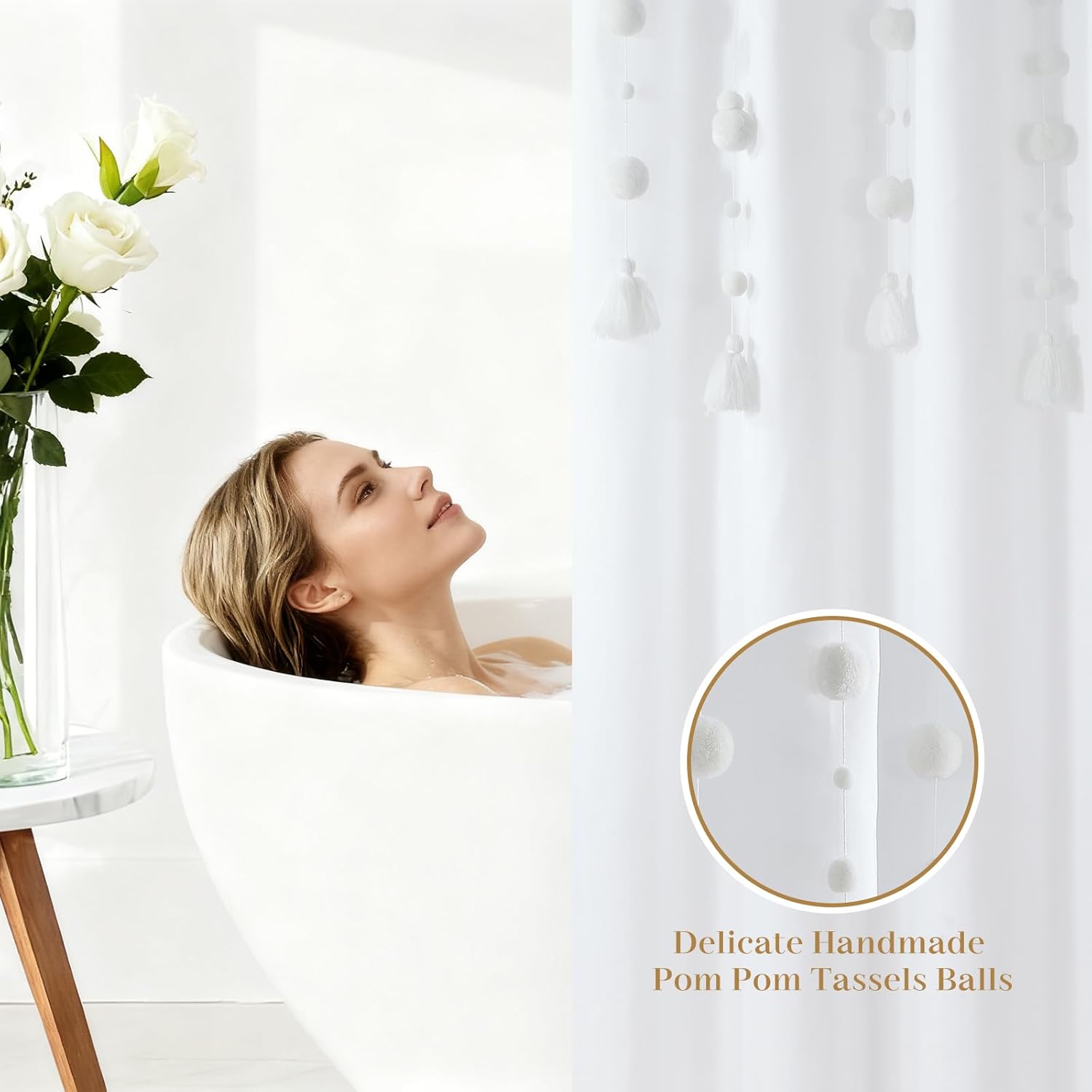 Boho White Pom Pom Shower Curtain, Cute Girls Shower Curtain with Handmade Small Tassel Balls, Waterproof Modern Polyester Solid Fabric Shower Curtains for Women Kids Farmhouse Bathroom, 72" W x 72" H
