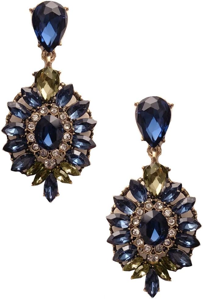 Large Antique Art Deco Vintage Retro Style Blue Sapphire Citrine Rhinestone Wedding Bridal Prom Statement Earrings