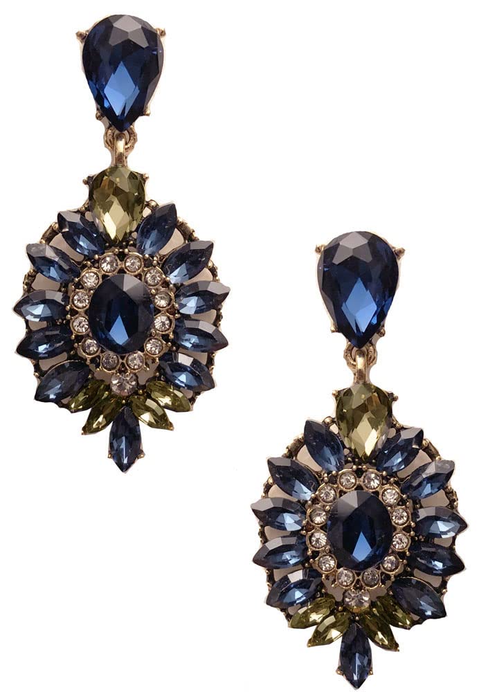 Large Antique Art Deco Vintage Retro Style Blue Sapphire Citrine Rhinestone Wedding Bridal Prom Statement Earrings