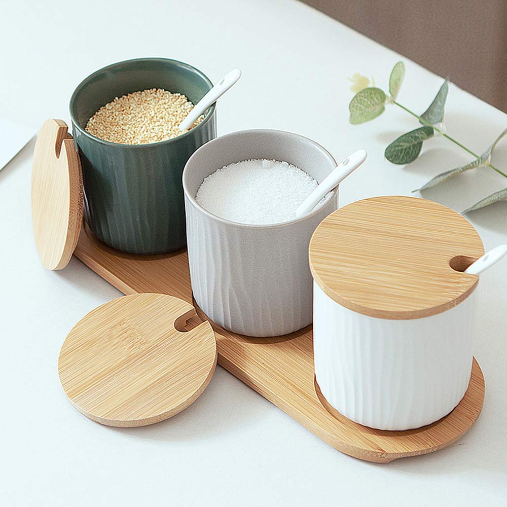 Set di 3 Tre Colori Zuccheriera, Zuccheriera in Ceramica Rotonda con Coperchio e Cucchiaio, Design Elegante, per Casa e Cucina