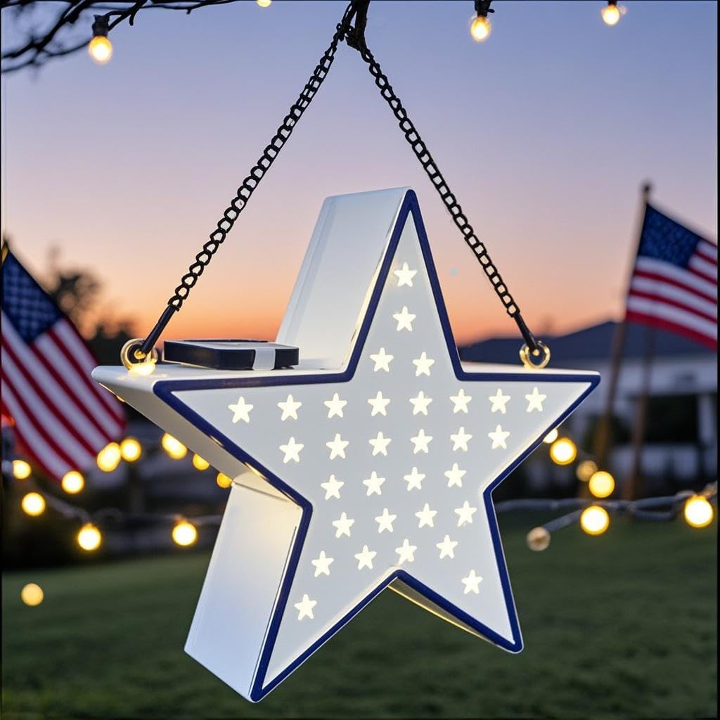 Metal Solar Star Lantern Light Outdoor Garden Decor for Patio,Yard,Tree,Patriotic Memorial Day 4th of July Star Decorations,White