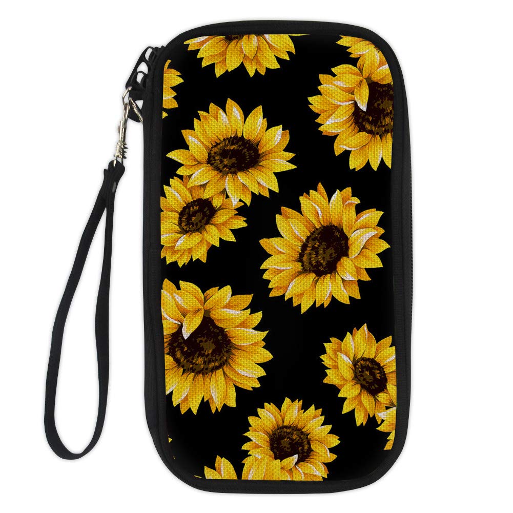 BIGCARJOB Sunflower Print Organizer Passport Wallet Travel ID Card Document Holder Black for Women
