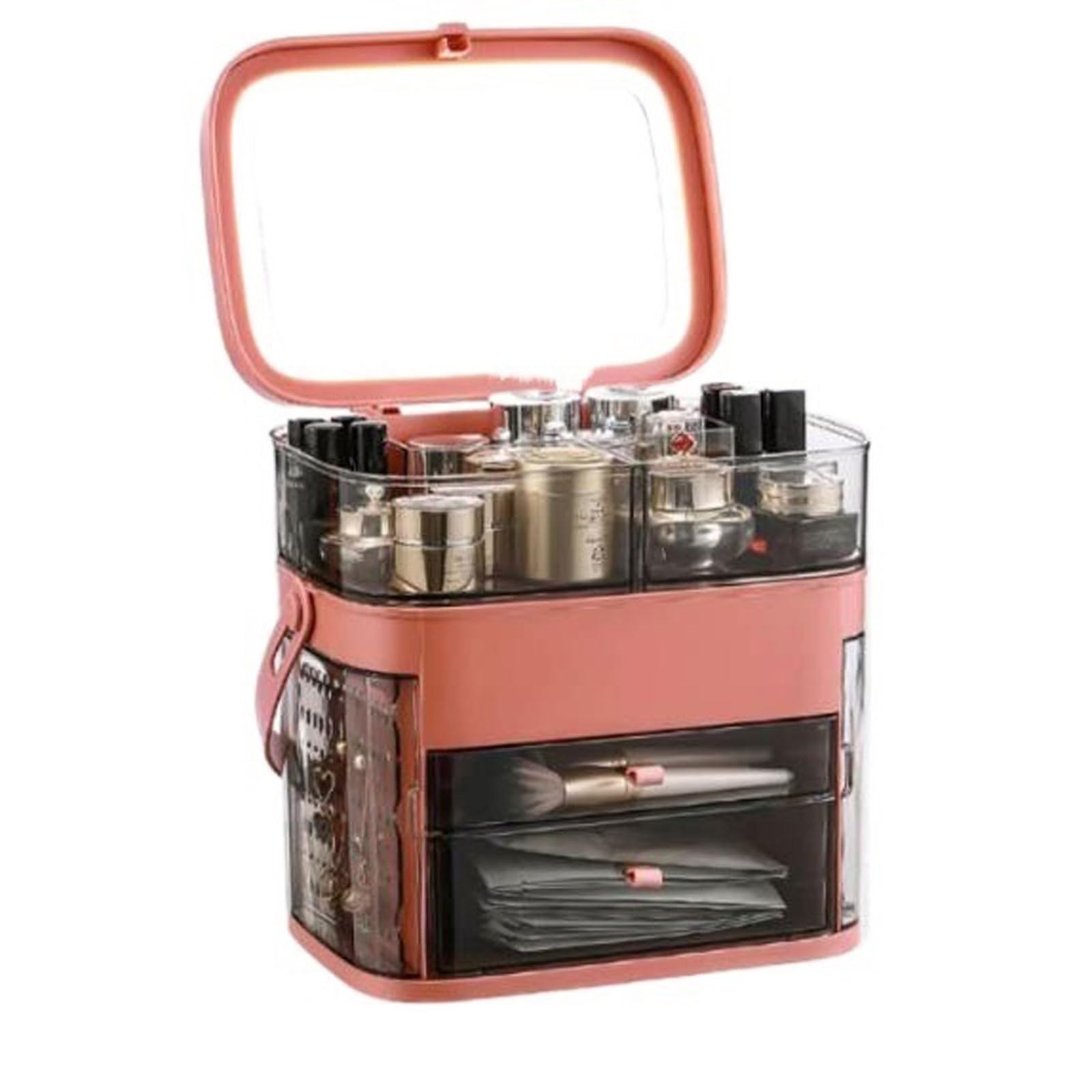 ZYYANSHOP Large Capacity Cosmetics Box, Portable Makeup with Mirror for Home Use & Travelling, Multi-purpose Organizer Carrying Case, for Bedroom Dresser Vanity Countertop Cosmetic Storage Box(Red)