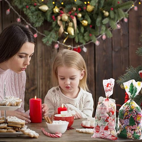 Miniatura 4 de XIMISHOP 120 bolsas de celofán de Navidad, bolsa de celofán transparente de Navidad con 150 lazos giratorios para recuerdos de fiesta de Navidad