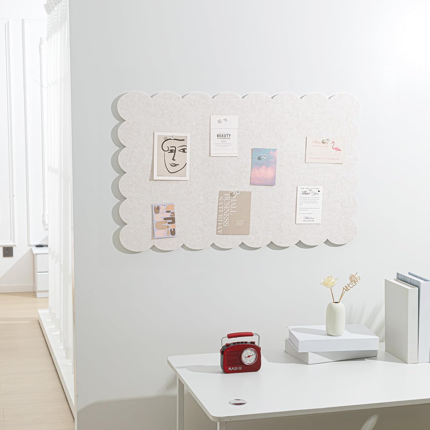 Condition photo showing New/Like New for mooliwe scalloped felt bulletin board 36 x 18 inches foldable beige pin cork board alternative for wall, 3' x 1.5' trifold picture vision self adhesive bulletin decorative beige 36" x 18"