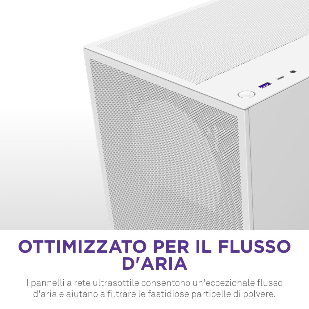 NZXT H5 Flow - Case per PC da gaming mid-tower ATX compatto - Flusso d'aria elevato - 2 ventole da 120 mm incluse - Supporto per radiatori da 360 mm (anteriore) e 240 mm (superiore) - Bianco