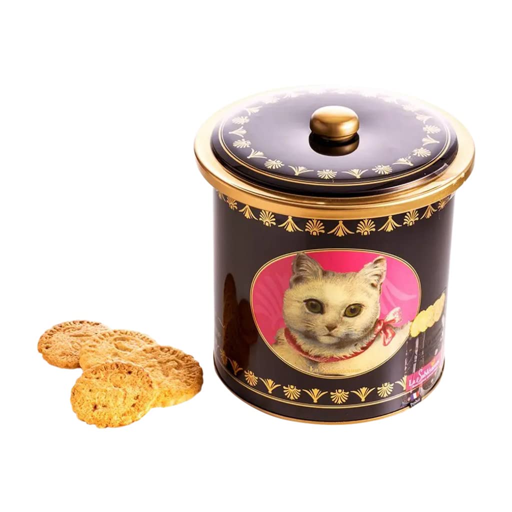 La Sablésienne, White Cat (Chat Blanc) ROUND Tin of Two French Pure Butter Cookie Assortments, 8.8 oz, Imported