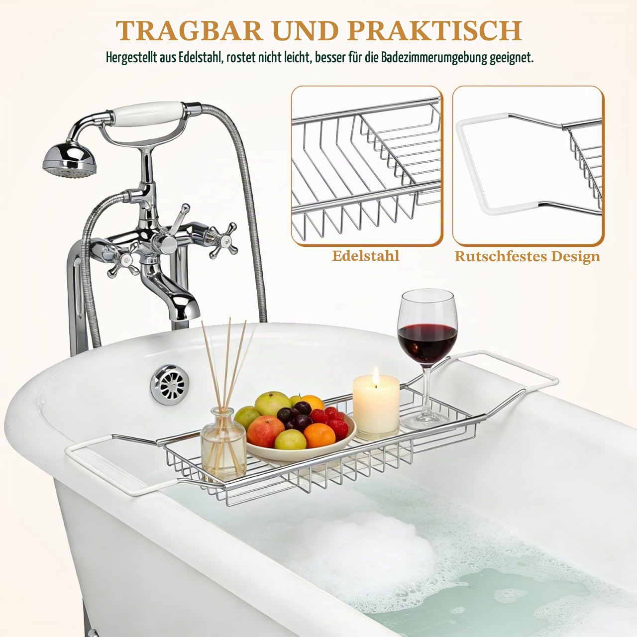 BESTOYARD 64-98cm Ausziehbare Badewannenablage Edelstahl Badewannentablett