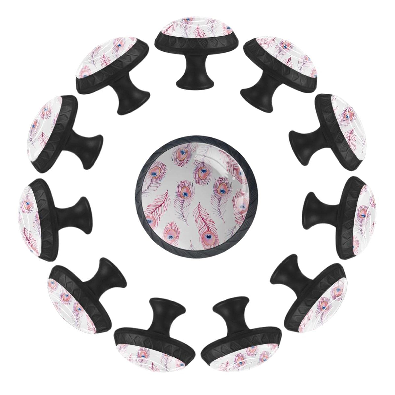 Boutons de tiroir plumes de paon roses lot de 12 poignées 35mm pour décoration de commode et crèche