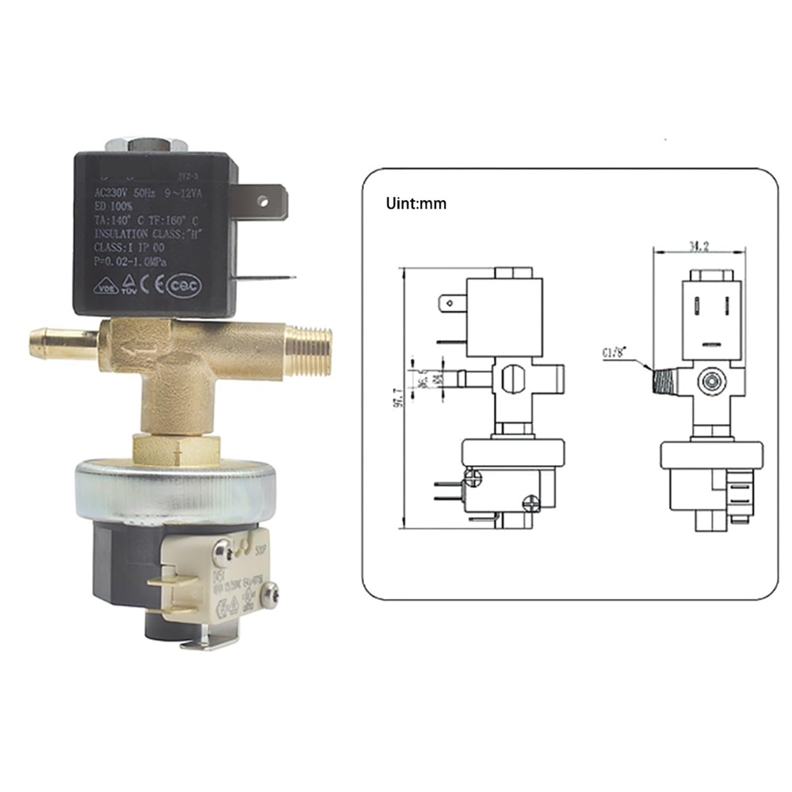 JYZ-3 N/C 2-drożny AC 230V G1/8 mosiężny żelazny zawór elektromagnetyczny z przełącznikiem ciśnienia Combinatio 1 szt