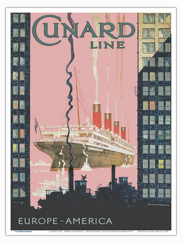 Cunard Line - Europe to America - S.S. Aquitania - Vintage Ocean Liner Travel Poster by Kenneth Shoesmith c.1925 - Master Art Print (Unframed) 9in x 12in