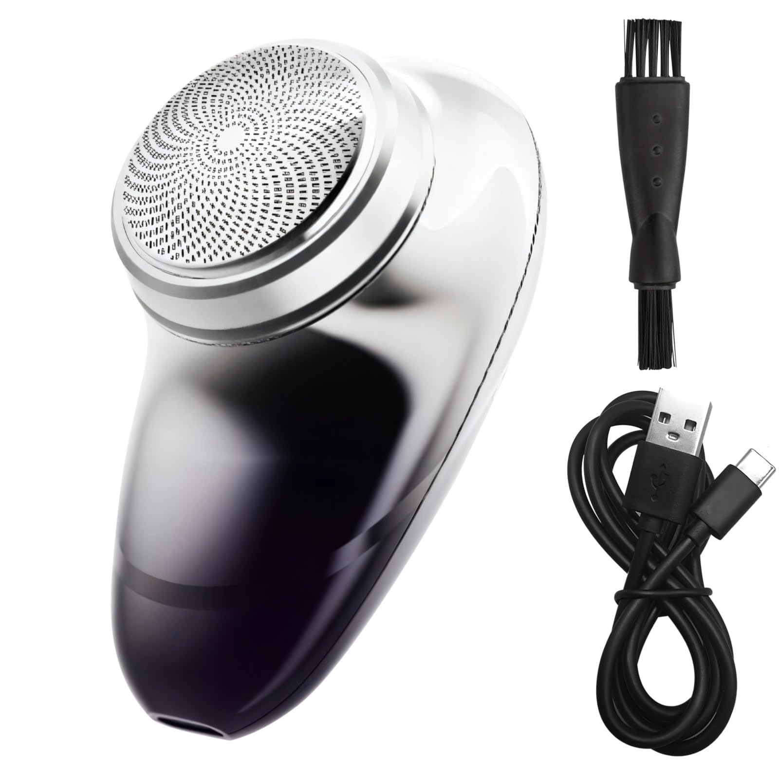 Mini rasoio elettrico da uomo, rasoio da viaggio portatile, ricarica di tipo C, durata della batteria 30 giorni, rasatura ad alta velocità 5200 giri/min, guscio in metallo, cavo USB, pennello, manuale