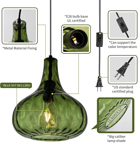 Miniatura 3 de Lámpara colgante vintage de enchufe, lámpara colgante moderna de mediados de siglo con cable de 14.7 pies martillado de vidrio verde martillado, luz